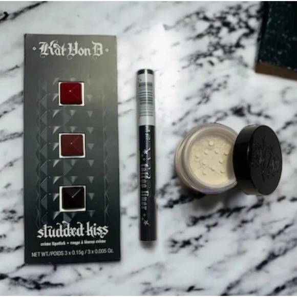 Kat Von D TATTOO LINER + LOCK-IT Setting Powder + STUDDED KISS Creme Lipstick - Picture 1 of 5